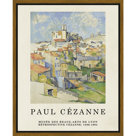 This art print showcases a vibrant landscape of a European village, rendered in the impressionistic style of Paul Cézanne. The artwork is from an exhibition by the Musée des Beaux-Arts de Lyon in 1896-1904. It is a picturesque scene that transports the viewer to the heart of the countryside, capturing a timeless moment with bold brushstrokes and rich colors.