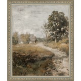 SA001-FARMHOUSE ON THE ROAD Hand framed in an ornate dark silver frame. Finished Size: W 9.25 in x H 11.25 in