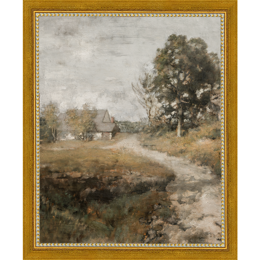 SA001-FARMHOUSE ON THE ROAD Hand framed in a transitional gold frame. Finished Size: W 9.25 in x H 11.25 in