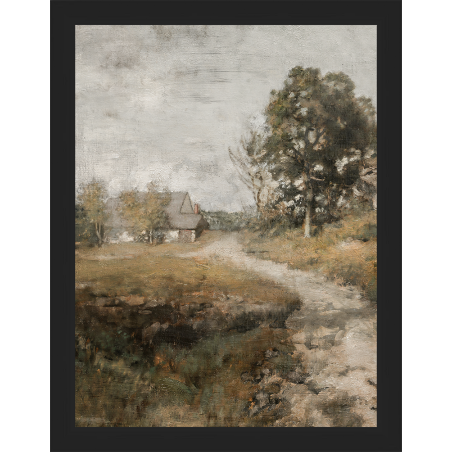SA001-FARMHOUSE ON THE ROAD Hand framed in a matte black frame. Finished Size: W 10.25 in x H 13.25 in