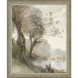 SA004-TREES ON POND I Hand framed in an ornate dark silver frame. Finished Size: W 9.25 in x H 11.25 in