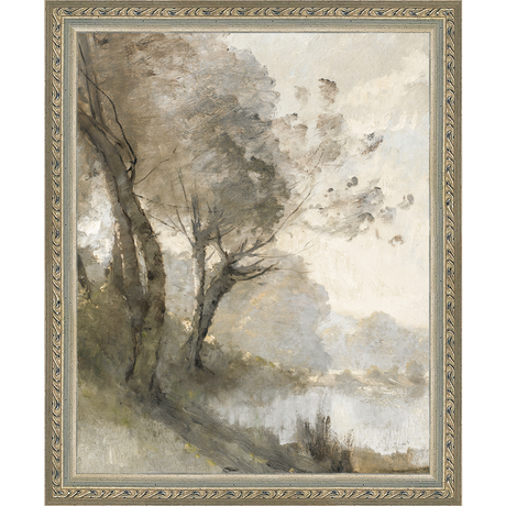 SA004-TREES ON POND I Hand framed in an ornate dark silver frame. Finished Size: W 9.25 in x H 11.25 in