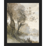 SA004-TREES ON POND I Hand framed in a matte black frame. Finished Size: W 9.25 in x H 11.25 in