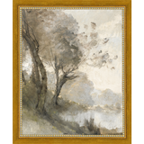 SA004-TREES ON POND I Hand framed in a transitional gold frame. Finished Size: W 9.25 in x H 11.25 in