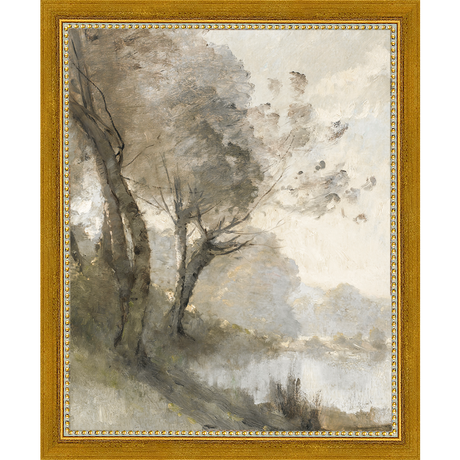 SA004-TREES ON POND I Hand framed in a transitional gold frame. Finished Size: W 9.25 in x H 11.25 in