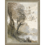 SA004-TREES ON POND I Hand framed in an ornate dark silver frame. Finished Size: W 10.25 in x H 13.25 in