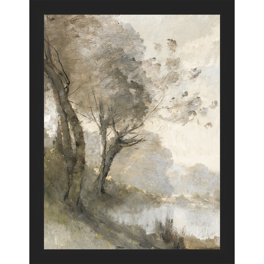 SA004-TREES ON POND I Hand framed in a matte black frame. Finished Size: W 10.25 in x H 13.25 in