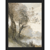 SA004-TREES ON POND I Hand framed in a matte black frame. Finished Size: W 10.25 in x H 13.25 in