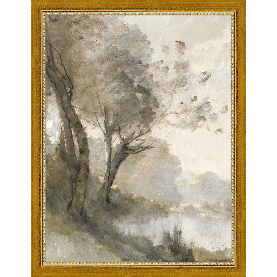 SA004-TREES ON POND I Hand framed in a transitional gold frame. Finished Size: W 10.25 in x H 13.25 in