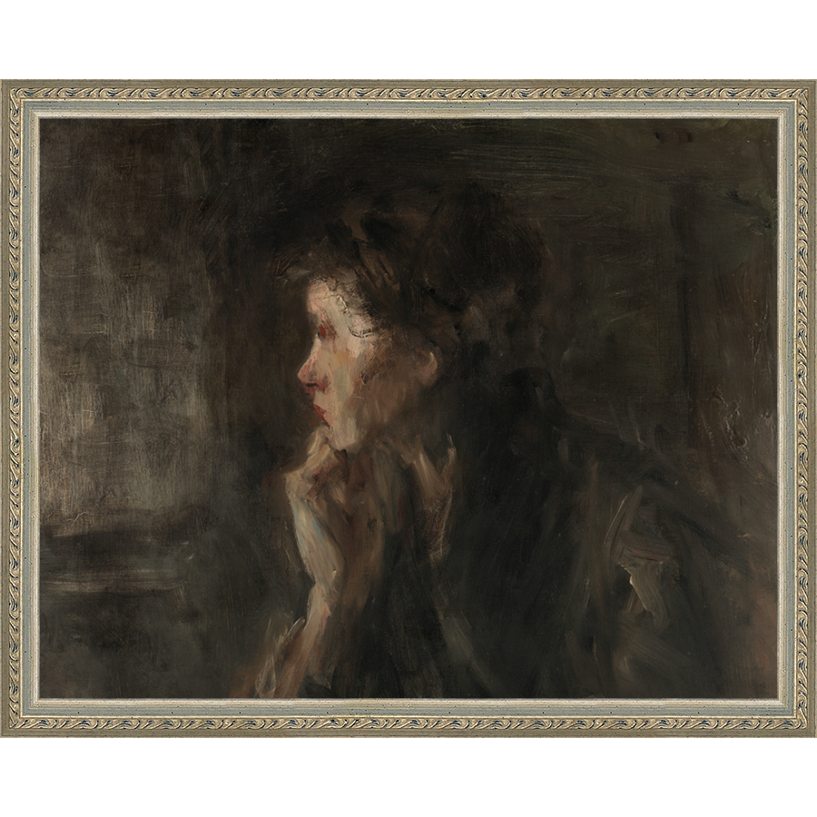 SA007-THINKER Hand framed in an ornate dark silver frame. Finished Size: W 15.25 in x H 12.25 in
