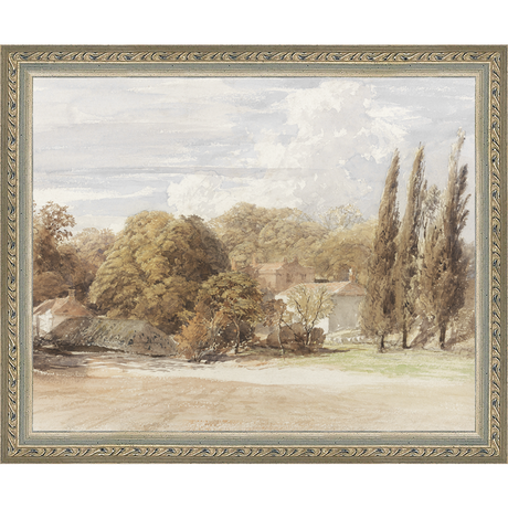 SA008-THE COUNTRY HOUSE Hand framed in an ornate dark silver frame. Finished Size: W 11.25 in x H 9.25 in