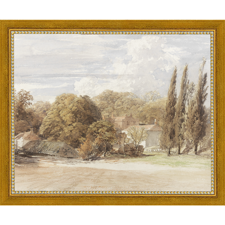 SA008-THE COUNTRY HOUSE Hand framed in a transitional gold frame. Finished Size: W 11.25 in x H 9.25 in