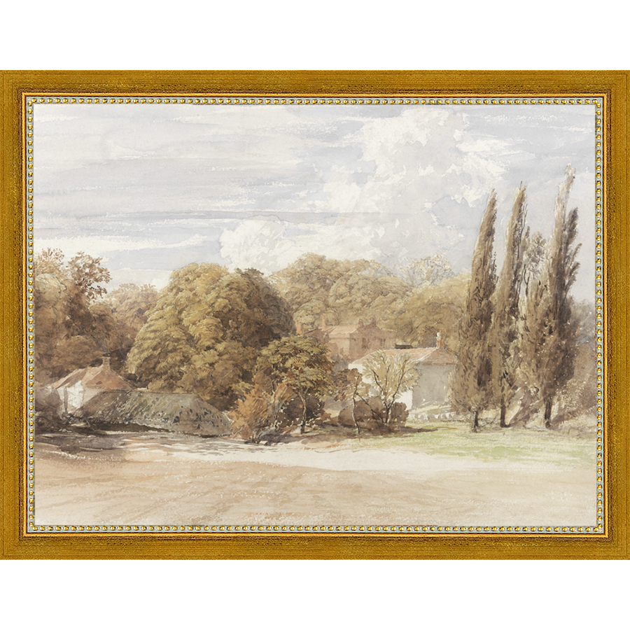 SA008-THE COUNTRY HOUSE Hand framed in a transitional gold frame. Finished Size: W 13.25 in x H 10.25 in