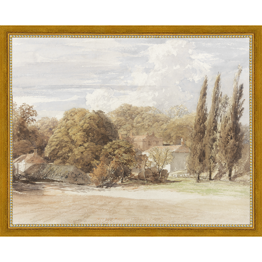 SA008-THE COUNTRY HOUSE Hand framed in a transitional gold frame. Finished Size: W 15.25 in x H 12.25 in