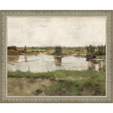 SA011-AT THE POND Hand framed in an ornate dark silver frame. Finished Size: W 11.25 in x H 9.25 in
