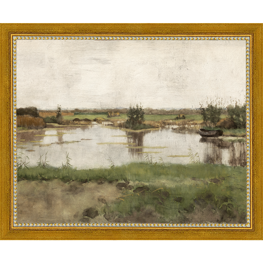 SA011-AT THE POND Hand framed in a transitional gold frame. Finished Size: W 11.25 in x H 9.25 in