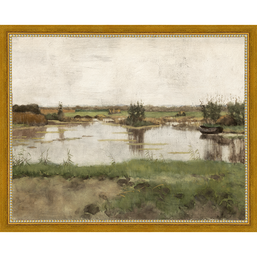SA011-AT THE POND Hand framed in a transitional gold frame. Finished Size: W 15.25 in x H 12.25 in