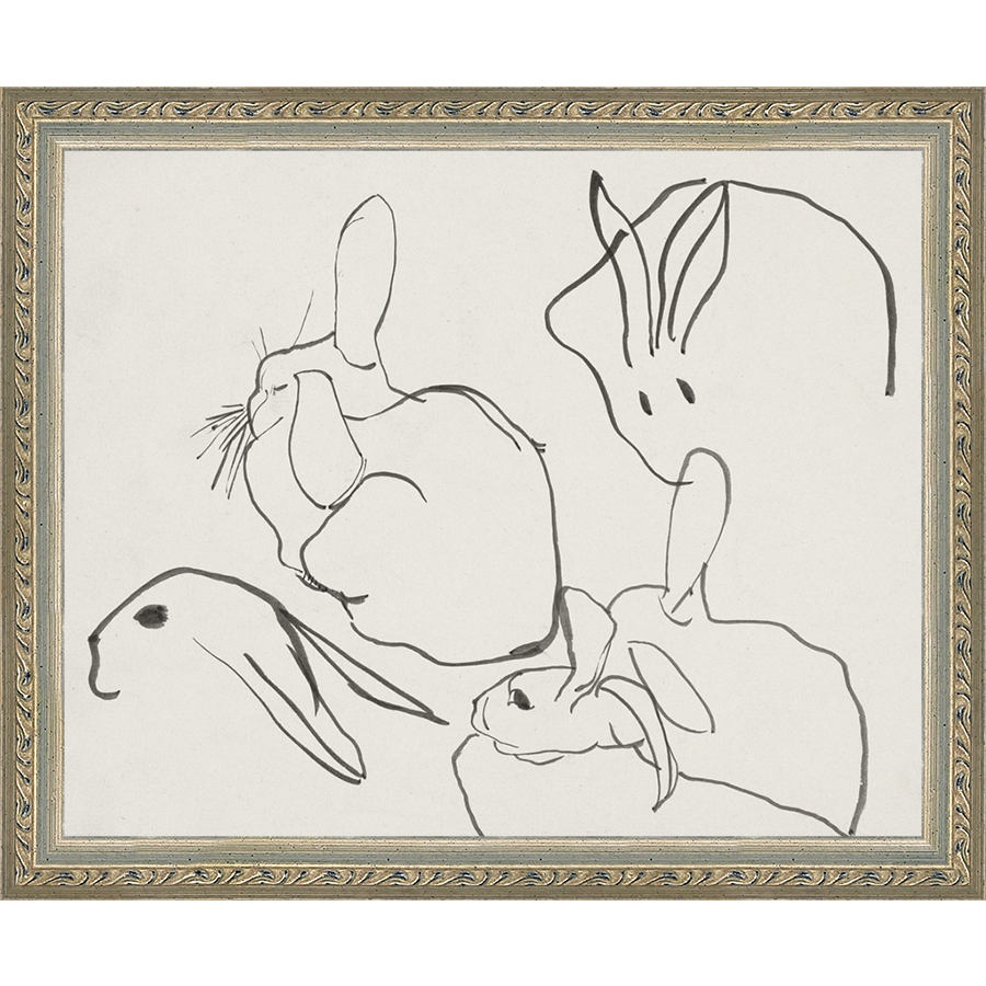 SA013-RABBITS Hand framed in an ornate dark silver frame. Finished Size: W 11.25 in x H 9.25 in