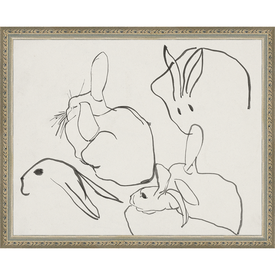 SA013-RABBITS Hand framed in an ornate dark silver frame. Finished Size: W 15.25 in x H 12.25 in