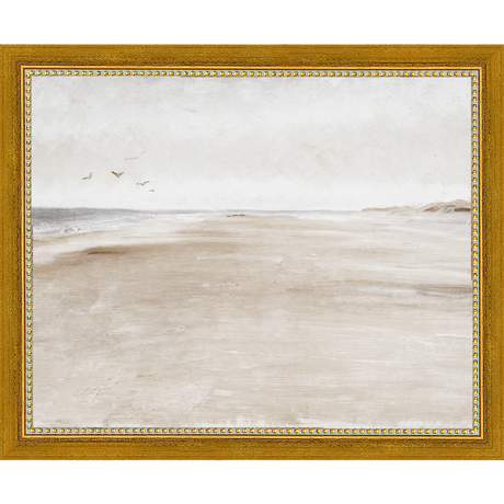 SA016-THE WIDE BEACH Hand framed in a transitional gold frame. Finished Size: W 11.25 in x H 9.25 in
