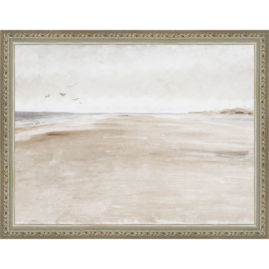 SA016-THE WIDE BEACH Hand framed in an ornate dark silver frame. Finished Size: W 13.25 in x H 10.25 in