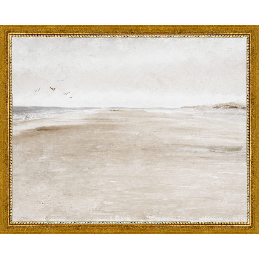 SA016-THE WIDE BEACH Hand framed in a transitional gold frame. Finished Size: W 15.25 in x H 12.25 in
