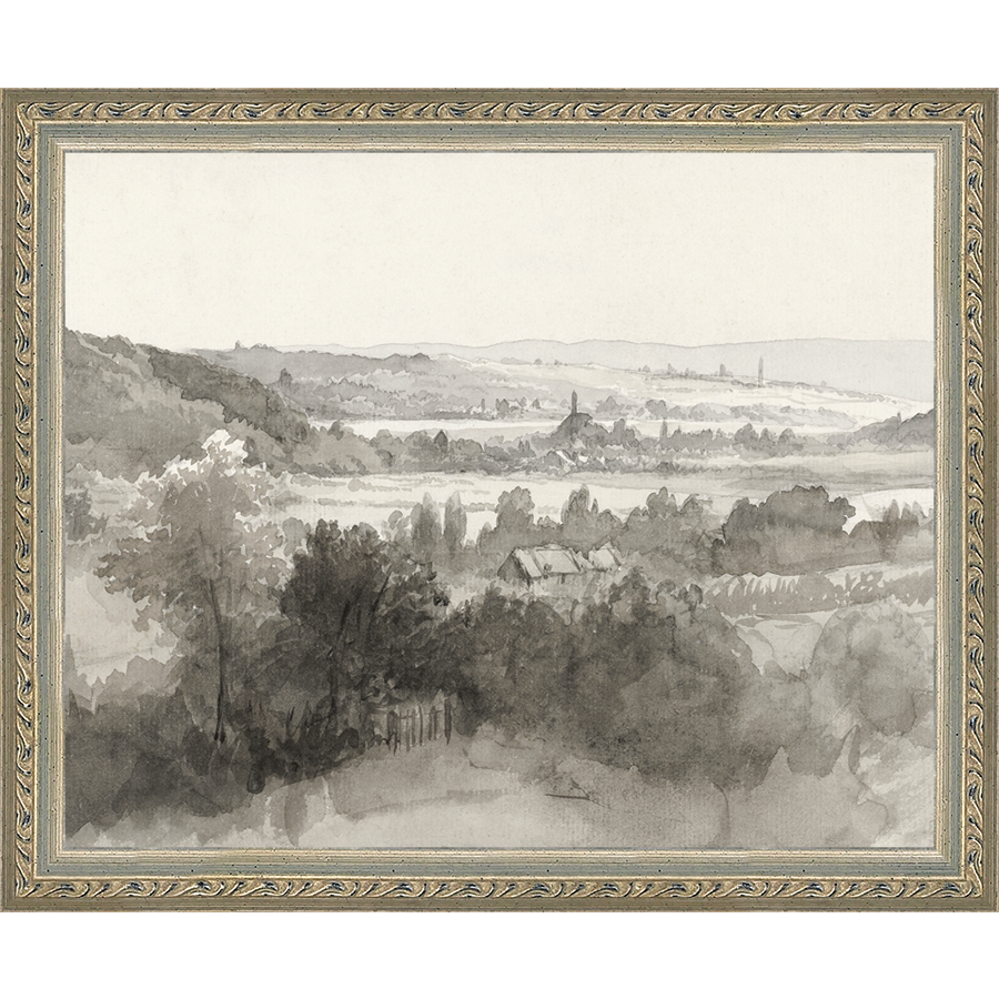 SA022-VILLAGE LANDSCAPE Hand framed in an ornate dark silver frame. Finished Size: W 11.25 in x H 9.25 in