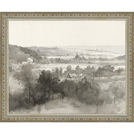 SA022-VILLAGE LANDSCAPE Hand framed in an ornate dark silver frame. Finished Size: W 11.25 in x H 9.25 in