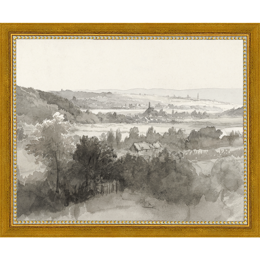 SA022-VILLAGE LANDSCAPE Hand framed in a transitional gold frame. Finished Size: W 11.25 in x H 9.25 in