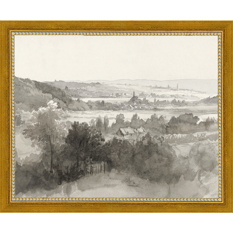 SA022-VILLAGE LANDSCAPE Hand framed in a transitional gold frame. Finished Size: W 11.25 in x H 9.25 in