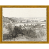 SA022-VILLAGE LANDSCAPE Hand framed in a transitional gold frame. Finished Size: W 13.25 in x H 10.25 in