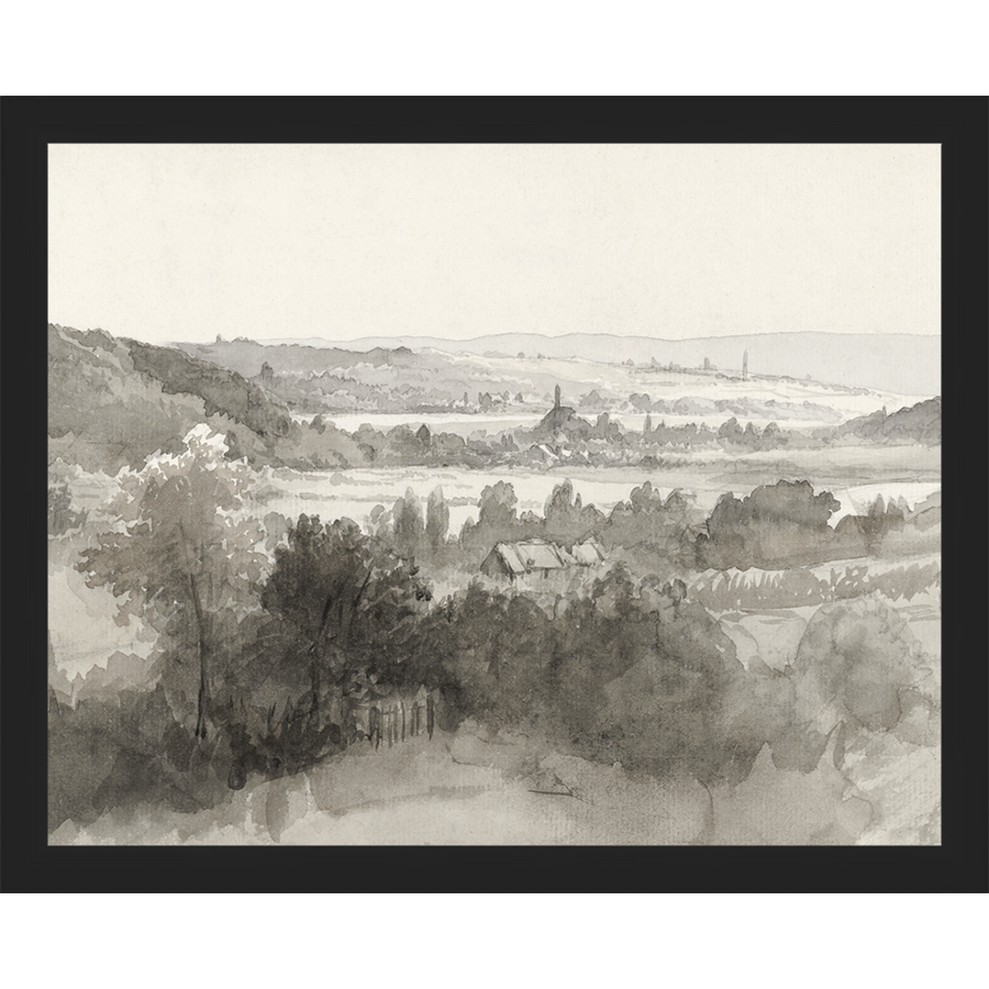 SA022-VILLAGE LANDSCAPE Hand framed in a matte black frame. Finished Size: W 15.25 in x H 12.25 in