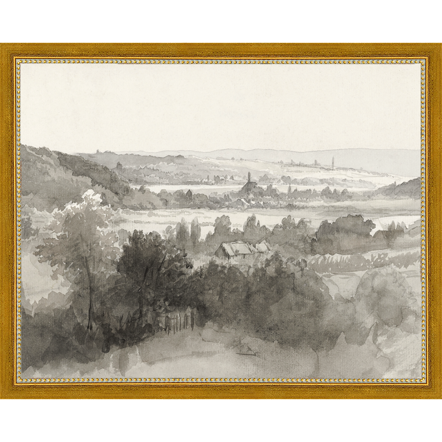 SA022-VILLAGE LANDSCAPE Hand framed in a transitional gold frame. Finished Size: W 15.25 in x H 12.25 in