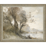 SA023-TREES ON POND II Hand framed in an ornate dark silver frame. Finished Size: W 11.25 in x H 9.25 in