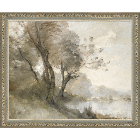 SA023-TREES ON POND II Hand framed in an ornate dark silver frame. Finished Size: W 11.25 in x H 9.25 in