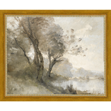 SA023-TREES ON POND II Hand framed in a transitional gold frame. Finished Size: W 11.25 in x H 9.25 in