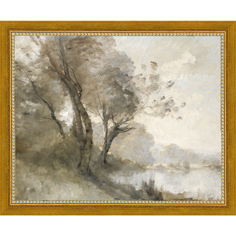 SA023-TREES ON POND II Hand framed in a transitional gold frame. Finished Size: W 11.25 in x H 9.25 in