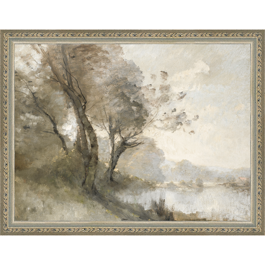 SA023-TREES ON POND II Hand framed in an ornate dark silver frame. Finished Size: W 13.25 in x H 10.25 in