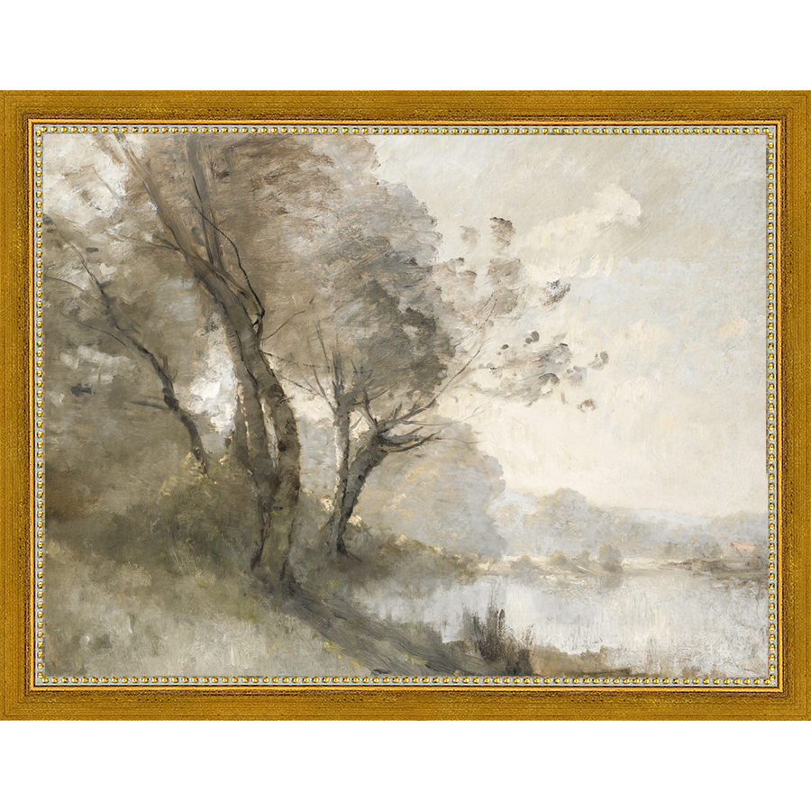 SA023-TREES ON POND II Hand framed in a transitional gold frame. Finished Size: W 13.25 in x H 10.25 in