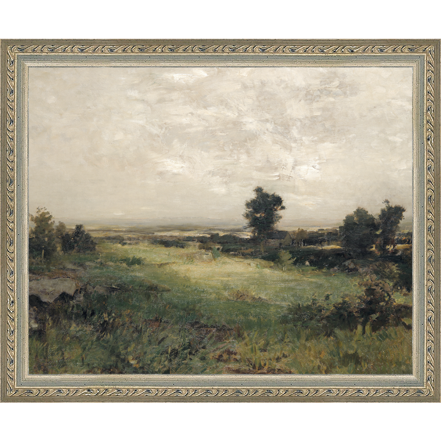 SA031-VIEW OF THE VALLEY Hand framed in an ornate dark silver frame. Finished Size: W 11.25 in x H 9.25 in