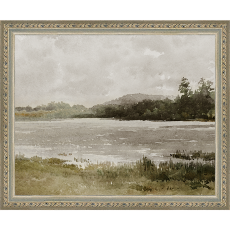 SA032-LAKESIDE Hand framed in an ornate dark silver frame. Finished Size: W 11.25 in x H 9.25 in