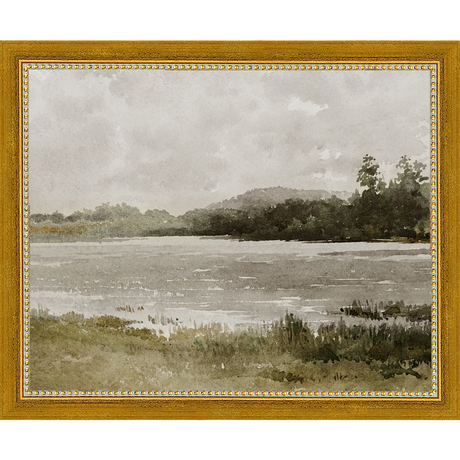 SA032-LAKESIDE Hand framed in a transitional gold frame. Finished Size: W 11.25 in x H 9.25 in