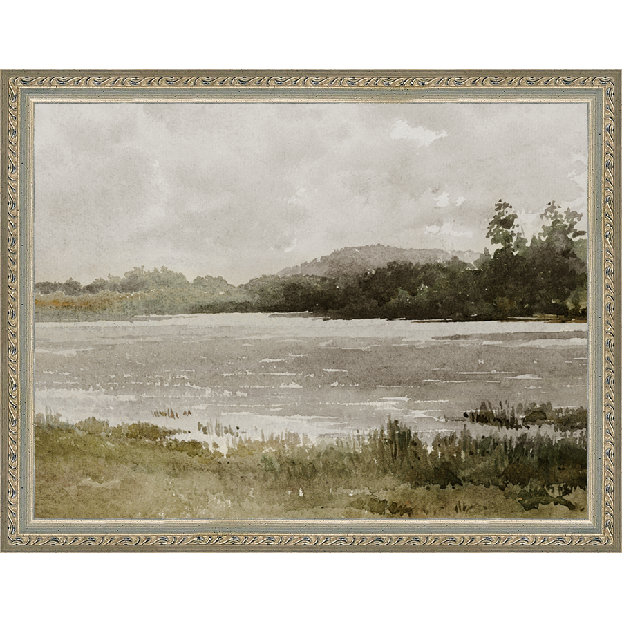 SA032-LAKESIDE Hand framed in an ornate dark silver frame. Finished Size: W 13.25 in x H 10.25 in