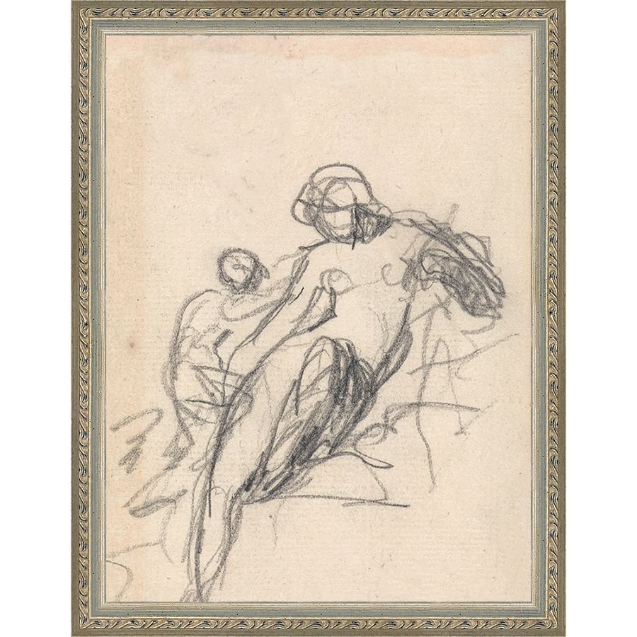 SA034-CHARCOAL MOTHER & CHILD Hand framed in an ornate dark silver frame. Finished Size: W 10.25 in x H 13.25 in