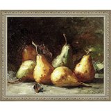 SA035-PEAR STILL LIFE Hand framed in an ornate dark silver frame. Finished Size: W 11.25 in x H 9.25 in