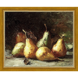 SA035-PEAR STILL LIFE Hand framed in a transitional gold frame. Finished Size: W 11.25 in x H 9.25 in