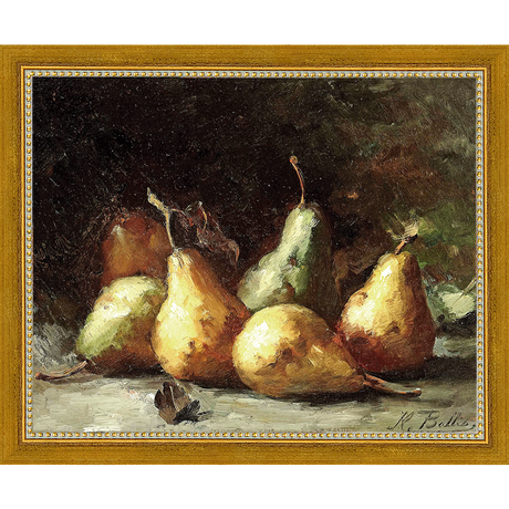 SA035-PEAR STILL LIFE Hand framed in a transitional gold frame. Finished Size: W 11.25 in x H 9.25 in
