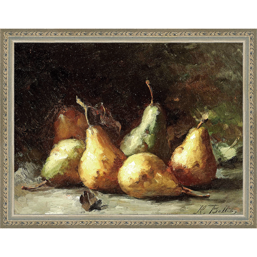 SA035-PEAR STILL LIFE Hand framed in an ornate dark silver frame. Finished Size: W 13.25 in x H 10.25 in