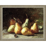 SA035-PEAR STILL LIFE Hand framed in an ornate dark silver frame. Finished Size: W 13.25 in x H 10.25 in