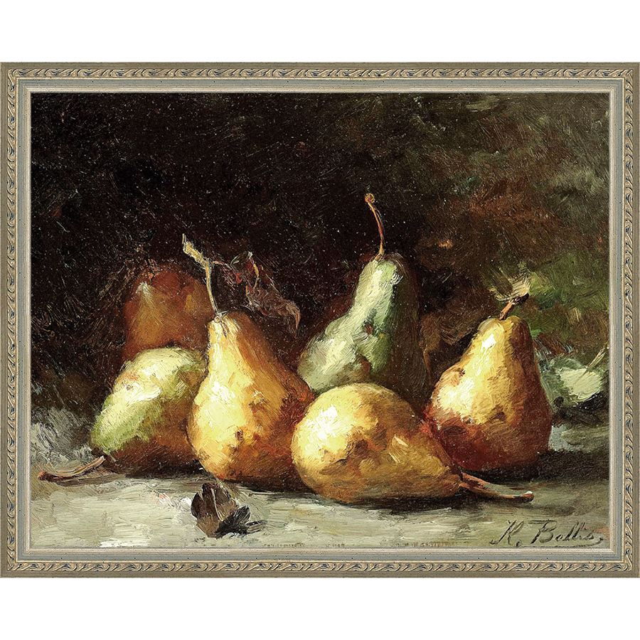 SA035-PEAR STILL LIFE Hand framed in an ornate dark silver frame. Finished Size: W 15.25 in x H 12.25 in